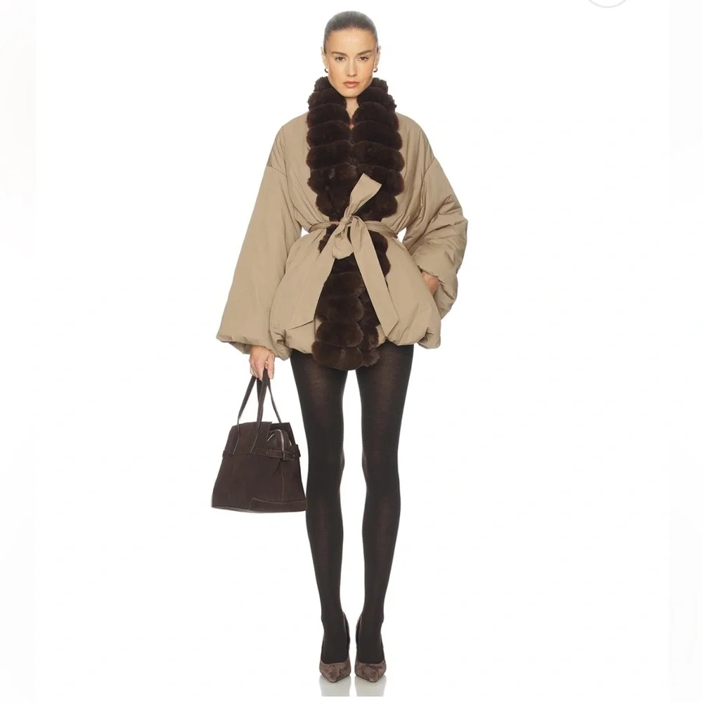 Helsa - Bubble Puffer With Faux Fur in Tan & Cedar - Picture 5 of 10